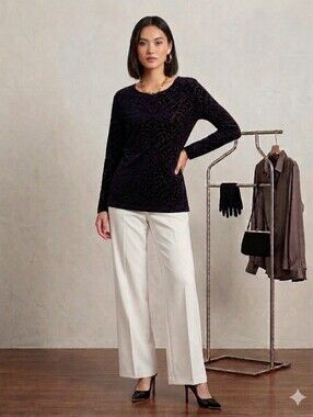 ​Karen Kane Velvet Burnout Damask Long Sleeve Top Black L Mesh Sheer Flocked